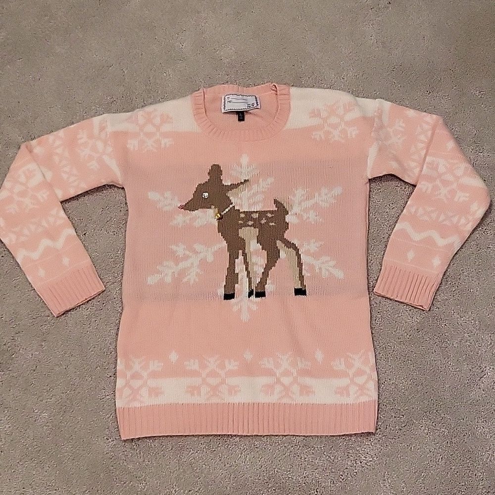 DEREK HEART Light Pink Reindeer Sequin Embellished Ugly Christmas Sweater Size L